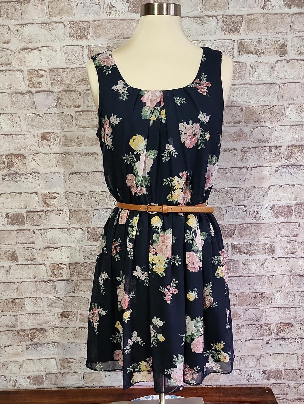 by & by Navy Floral Pleated Mini Dress with Pink and Yellow Blooms
